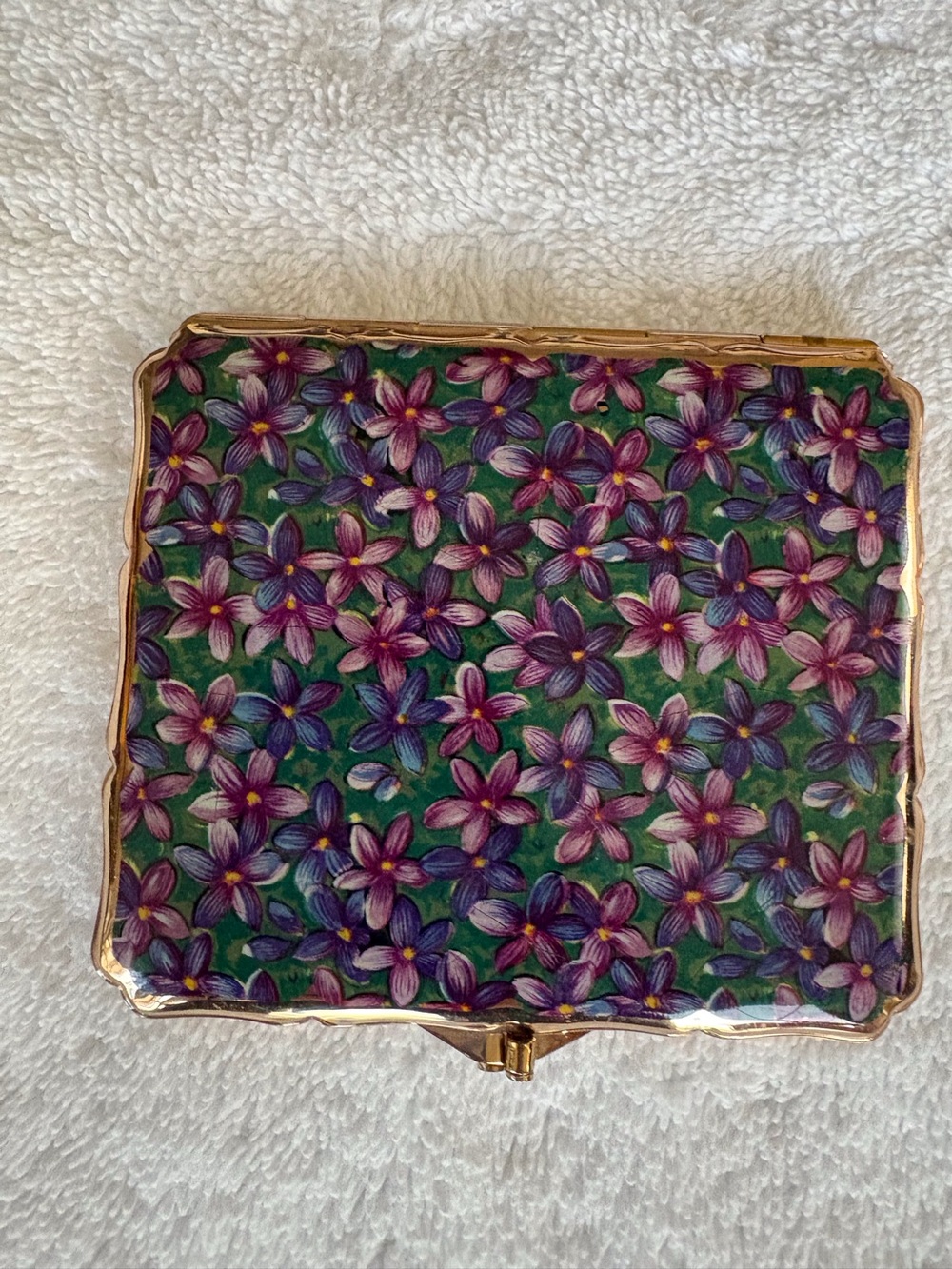Vintage Floral Enamel Compact Cigarette Case in Purple and Green